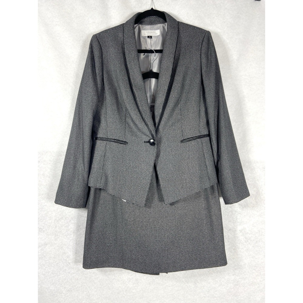 Tahari Asl 2PC Skirt Suit Women's 12 Gray Black Blazer  Button Leather Trim